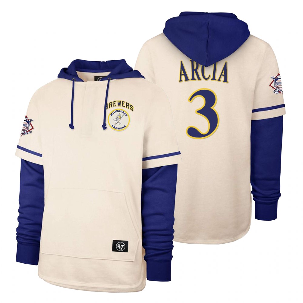 Men Milwaukee Brewers #3 Arcia Cream 2021 Pullover Hoodie MLB Jersey